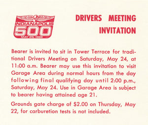 Indy 500 Driver's Meeting Invitation/Pass 1986