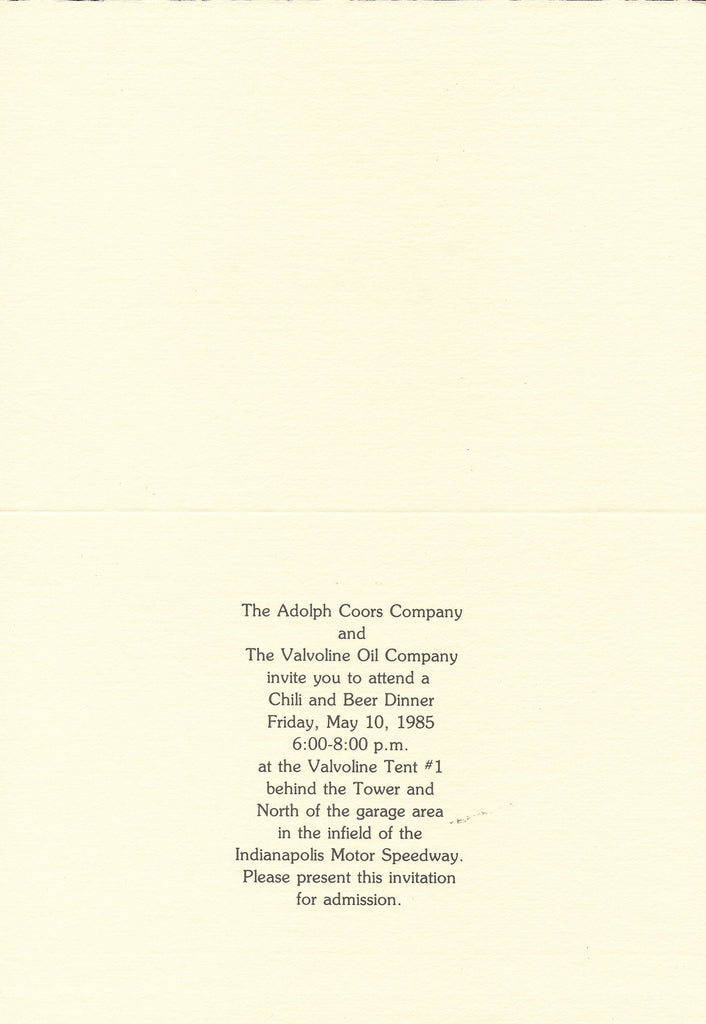 Coor and Valvoline invitation to Chili and Beer dinner Garage area at Indy 500, 1985