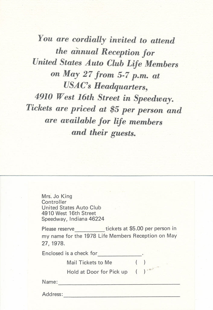 Invitation to the USAC Life Member Club annual reception 1987