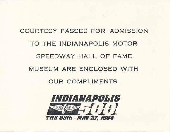 Cover sheet for News Media passes to the Indy Hall of Fame Museum, 1984