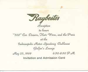 Invitation to the Raybestos reception for Indy Owners, Wives and the Press at the Indy Clubhouse May 1969