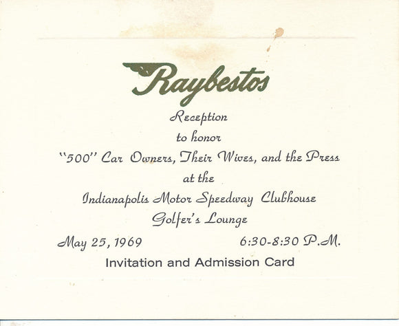 Invitation to the Raybestos reception for Indy Owners, Wives and the Press at the Indy Clubhouse May 1969