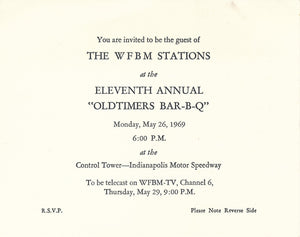 WFBM invitation to the "Oldtimers Bar-B-Q" at the Indy 500 control tower 1969