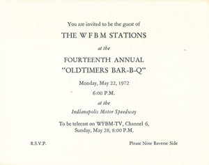 WFBM invitation to the "Oldtimers Bar-B-Q" at the Indy 500 control tower 1972