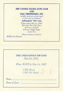 USAC invitation to the Indy 500 Luau, May 1987 sent to Terry Newton Vice President Sales Hoosier Racing Tires