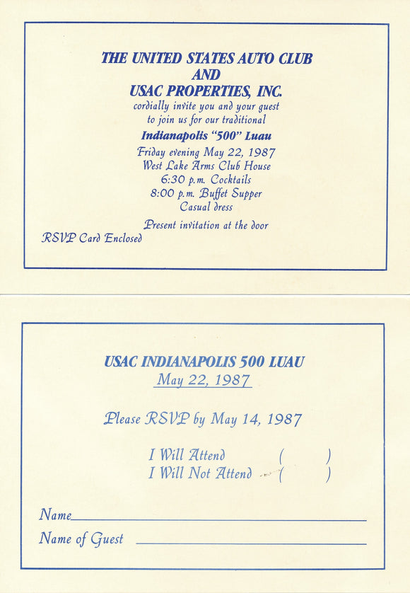 USAC invitation to the Indy 500 Luau, May 1987 sent to Terry Newton Vice President Sales Hoosier Racing Tires