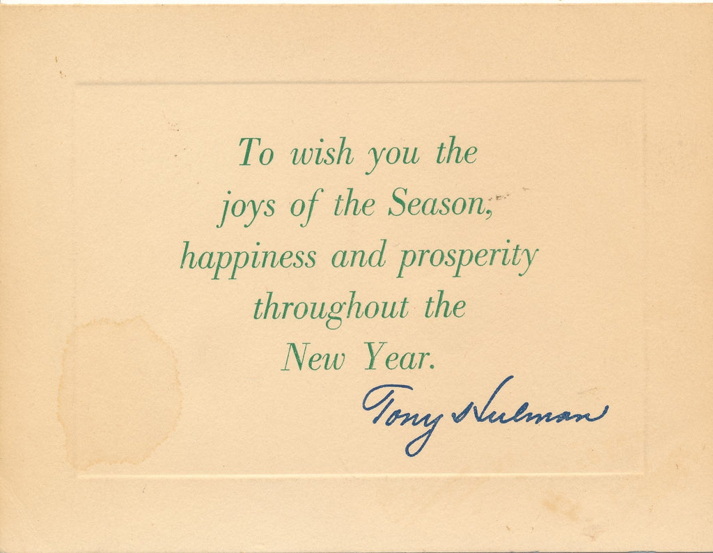 Happy Holidays card from Tony Hulman, owner of the Indy race track, small stain