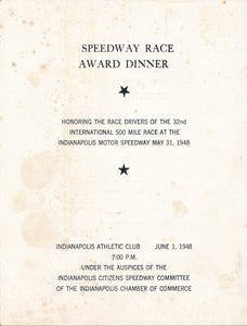 Dinner Program - Speedway Race Award Dinner June 1948, Indianapolis Athletic Club