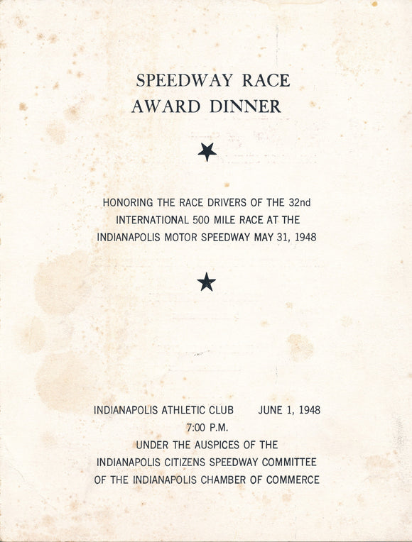 Dinner Program - Speedway Race Award Dinner June 1948, Indianapolis Athletic Club