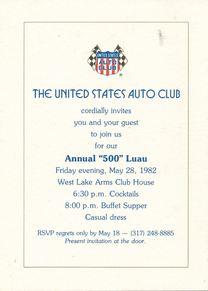 1982 USAC 500 Luau Invitation