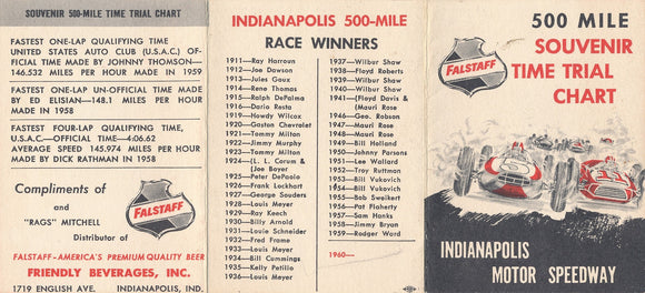 1964 Time Chart for 2.5 mile track, List of Indy winning drivers, Falstaff, Friendly Beverages Indianapolis. Mentions records set by Johhny Thompson, Ed Elisian and Dick Rathman