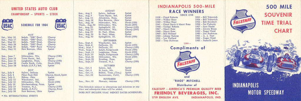 Time Chart for 2.5 mile track, USAC schedule for 1964, List of Indy winning drivers, Falstaff, Friendly Beverages Indianapolis.