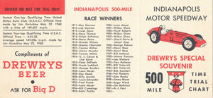 1962 Timing Chart for 2.5 mile track, Drewrys Beer, list of Indy winners up to 1962, Jim Hurtubise mentioned