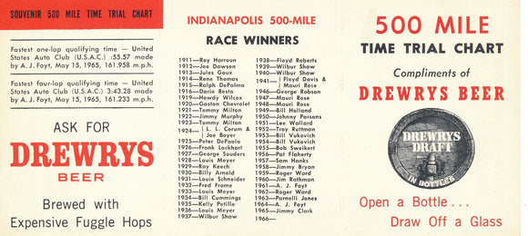 1966 Timing Chart for 2.5 mile track, Drewrys Beer, list of Indy winners up to 1966, AJ Foyt mentioned