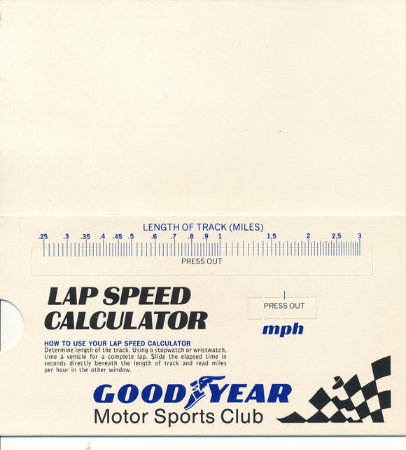 Good Year Motor Sports Club, Lap Speed Calculator, Unused (still has 