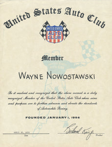 USAC Member Certificate for Wayne Nowostawski, 1979