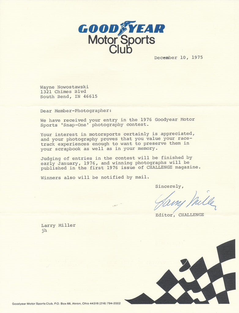 1975 Letter concerning a photo contest for Good Year Motor Sports Club members