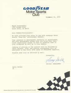 1975 Letter concerning a photo contest for Good Year Motor Sports Club members