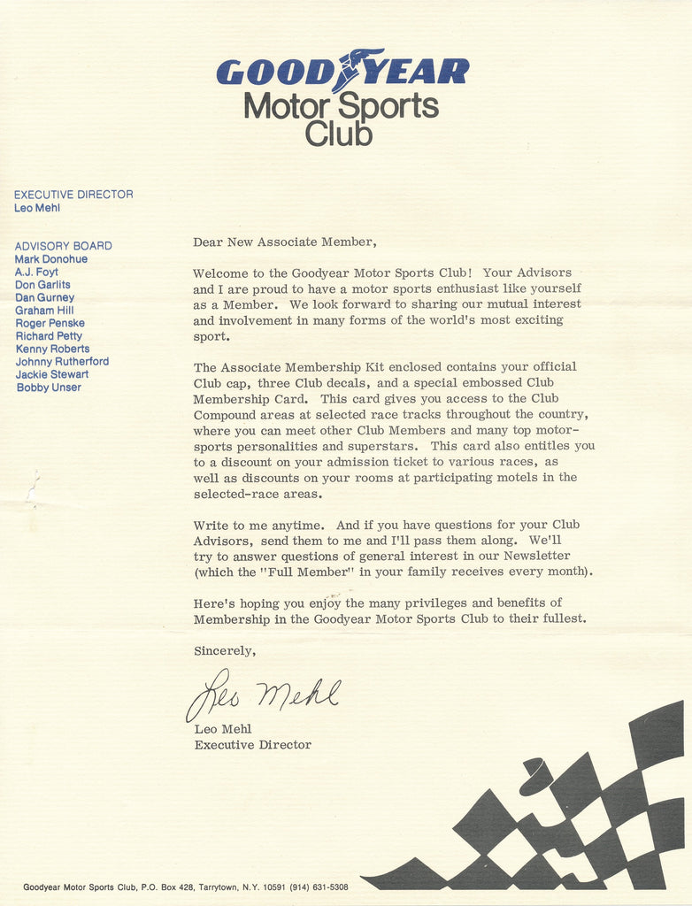 1975 Letter welcoming new associate members to the Good Year Motor Sports Club