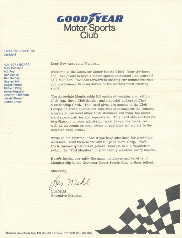 1975 Letter welcoming new associate members to the Good Year Motor Sports Club