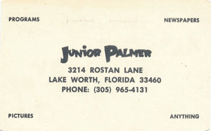 Business Card, Junior Palmer, Collector of Altoona Speedway Items, Lake Worth, Florida