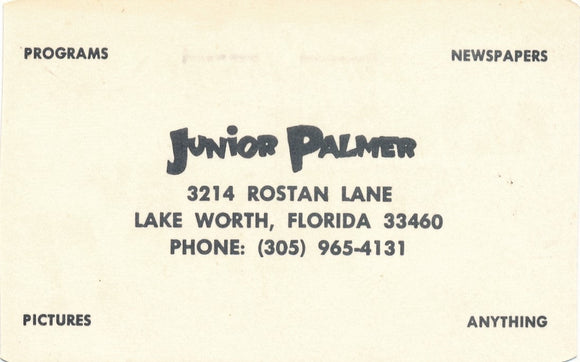 Business Card, Junior Palmer, Collector of Altoona Speedway Items, Lake Worth, Florida