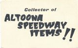 Business Card, Junior Palmer, Collector of Altoona Speedway Items, Lake Worth, Florida