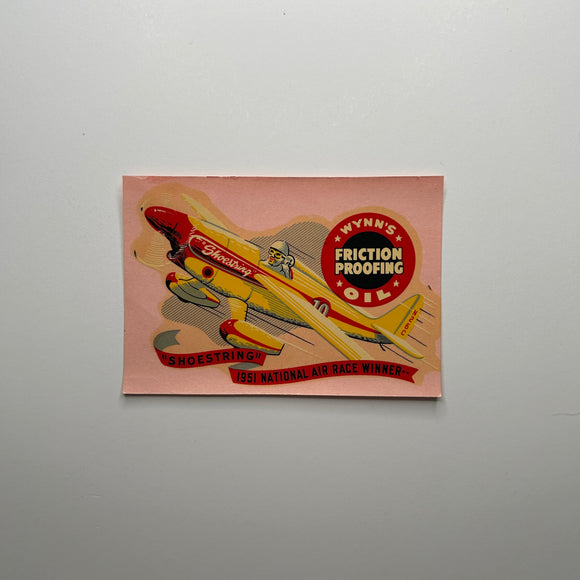 Original Wynn's Friction Proofing Oil Shoestring 1951 National Air Race Winner Waterslide Decal