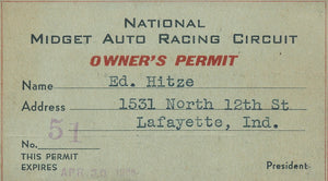 1935 National Midget Auto Racing Circuit Owner's Permit, Ed Hitze