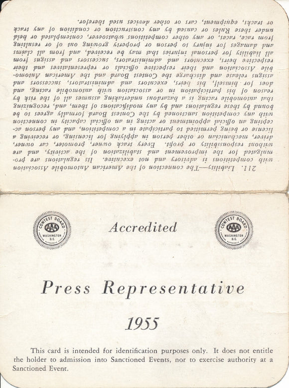 1955 AAA American Automobile Association Press Representative John R. Hyland Credential