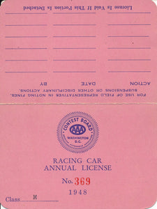 1948 AAA American Automobile Association Curt Gosma Racing Car License