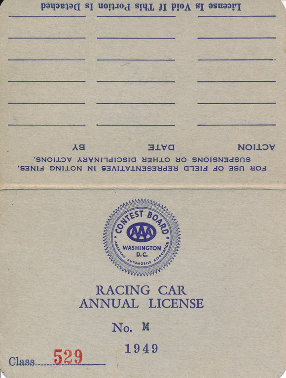 1949 AAA American Automobile Association Ed Hitze Racing Car License