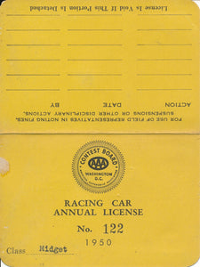 1950 AAA American Automobile Association Ed Hitze Racing Car License