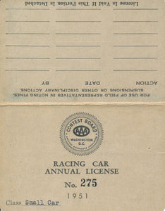 1951 AAA American Automobile Association Ed Hitze Racing Car License