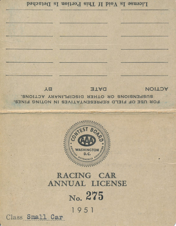 1951 AAA American Automobile Association Ed Hitze Racing Car License