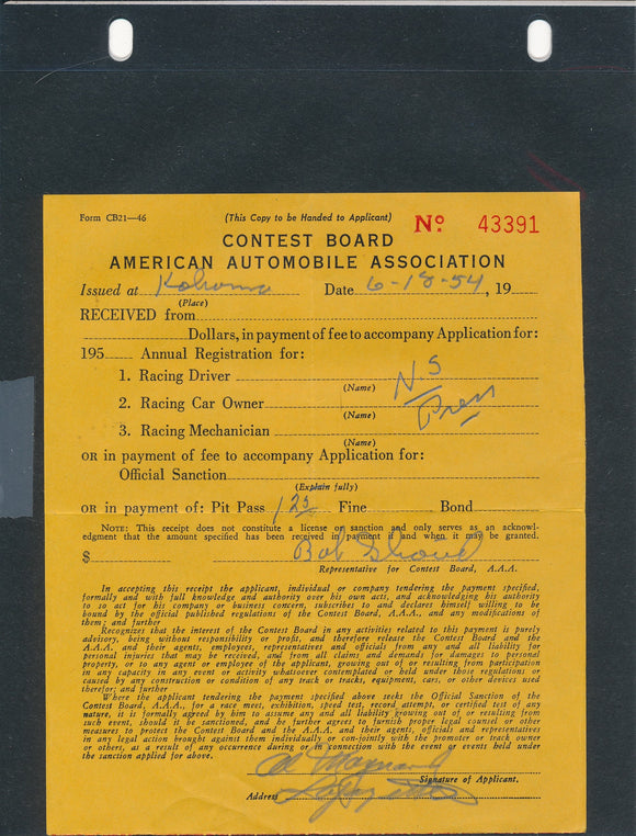 1954 AAA American Automobile Association Kokomo Al Maynard Press Credential Registration