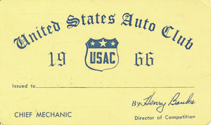 1966 United States Auto Club USAC Chief Mechanic Credential