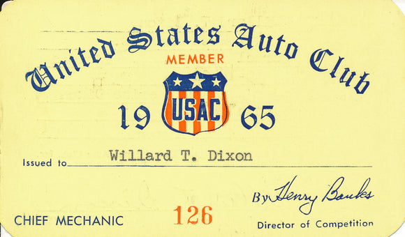 1965 United States Auto Club USAC Chief Mechanic Willard T. Dixon Credential