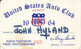 1964 United States Auto Club USAC Press Photographer John Hyland Credential