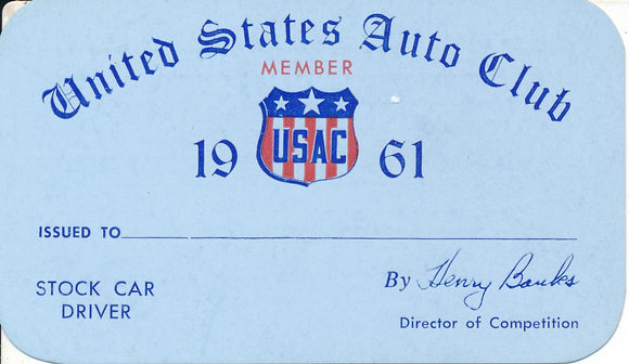 1961 United States Auto Club USAC Stock Car Driver Credential