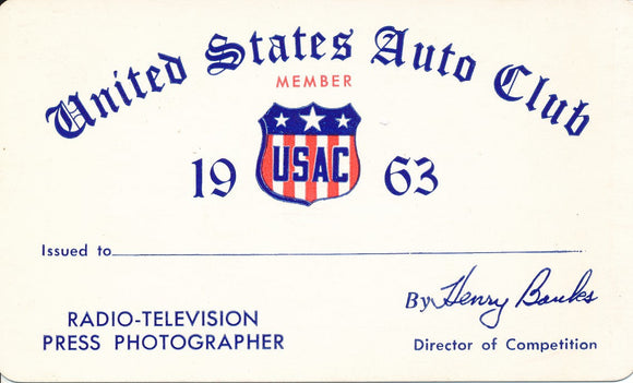 1963 United States Auto Club USAC Press Photographer Credential