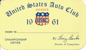 1961 United States Auto Club USAC Championship Driver Credential