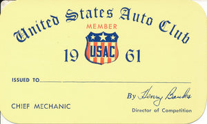 1961 United States Auto Club USAC Chief Mechanic Credential