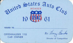 1961 United States Auto Club USAC Offenhauser 110 Car Owner Credential