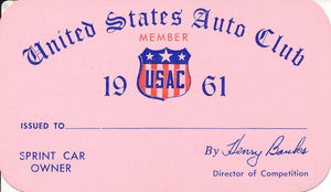 1961 United States Auto Club USAC Sprint Car Owner Credential