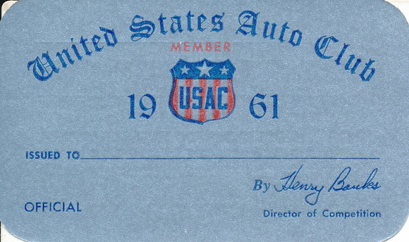 1961 United States Auto Club USAC Official Credential