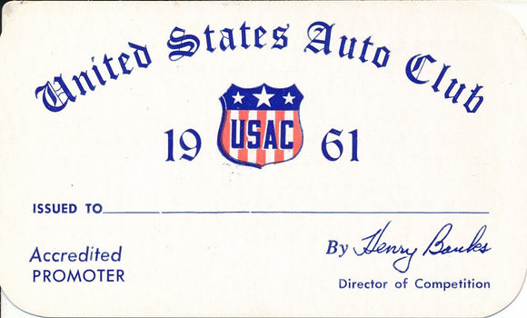 1961 United States Auto Club USAC Accredited Promoter Credential