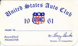 1961 United States Auto Club USAC Accredited Promoter Credential