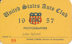 1957 United States Auto Club USAC Photographer John Hyland Credential