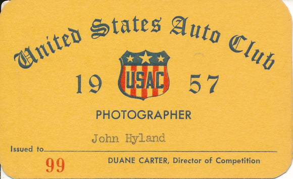 1957 United States Auto Club USAC Photographer John Hyland Credential